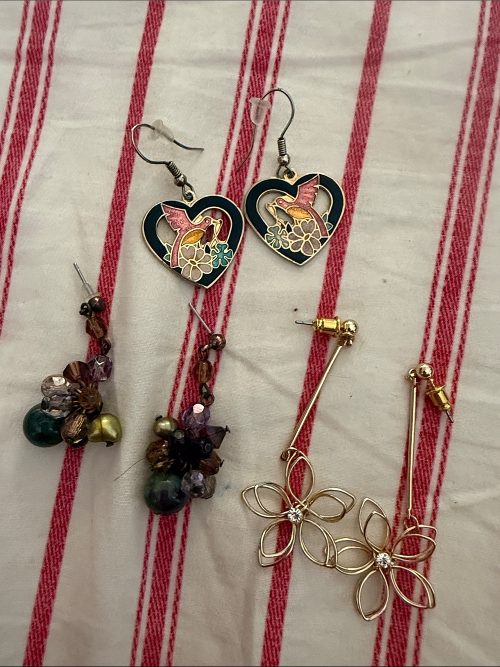 Gold Floral Dangle Earrings - Multicolor Heart & Flower Set - Picture 2 of 2